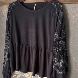 Free People Embroidered Penny Top peplum hem and lace detailing long sleeves